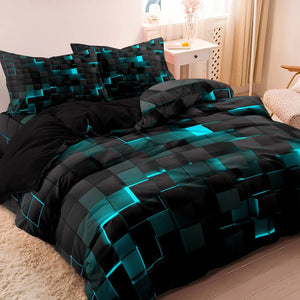 Parure de lit motif cubes 3D turquoise présentée sur un lit