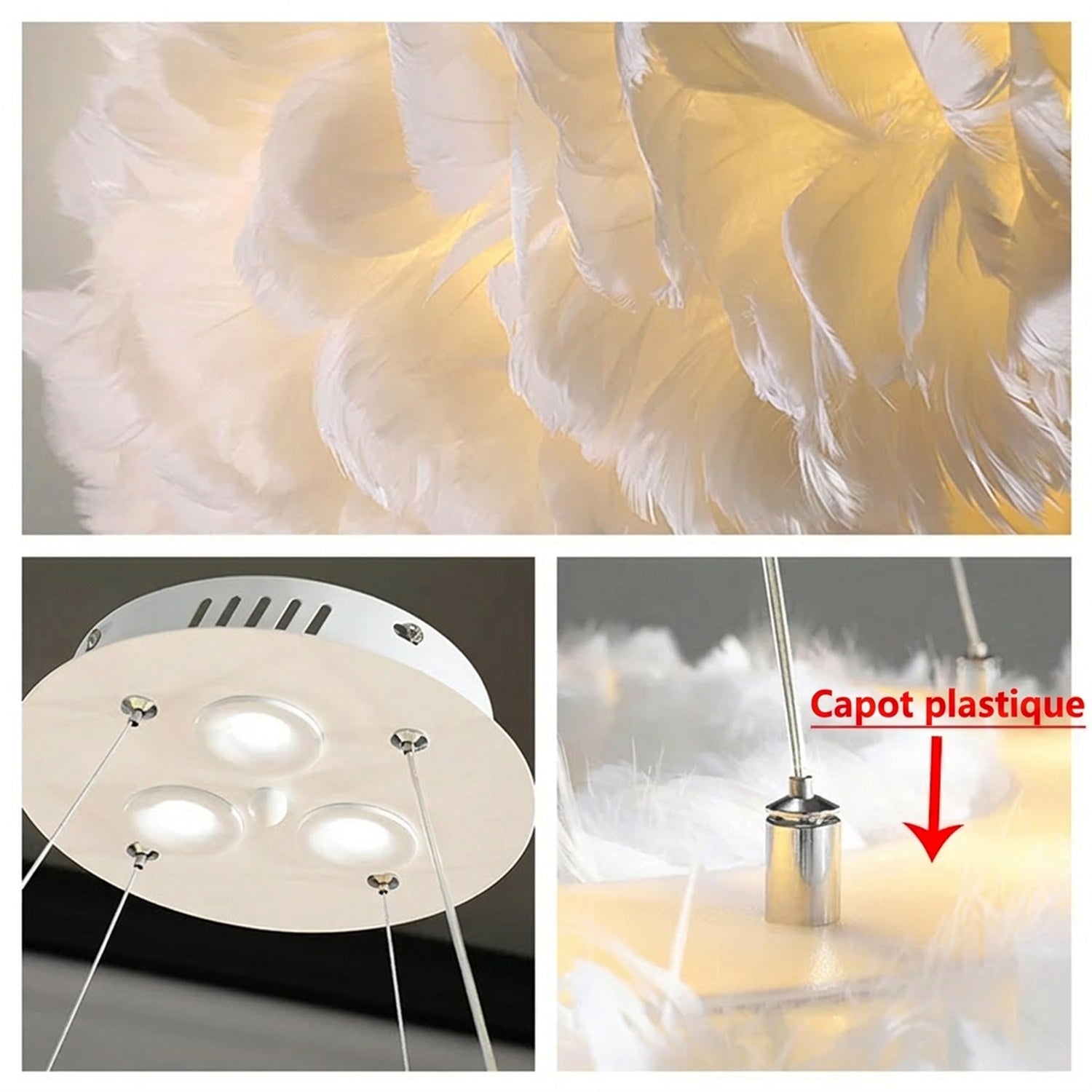 Détail des plumes du lustre, de la plaque de plafond et du capot plastique