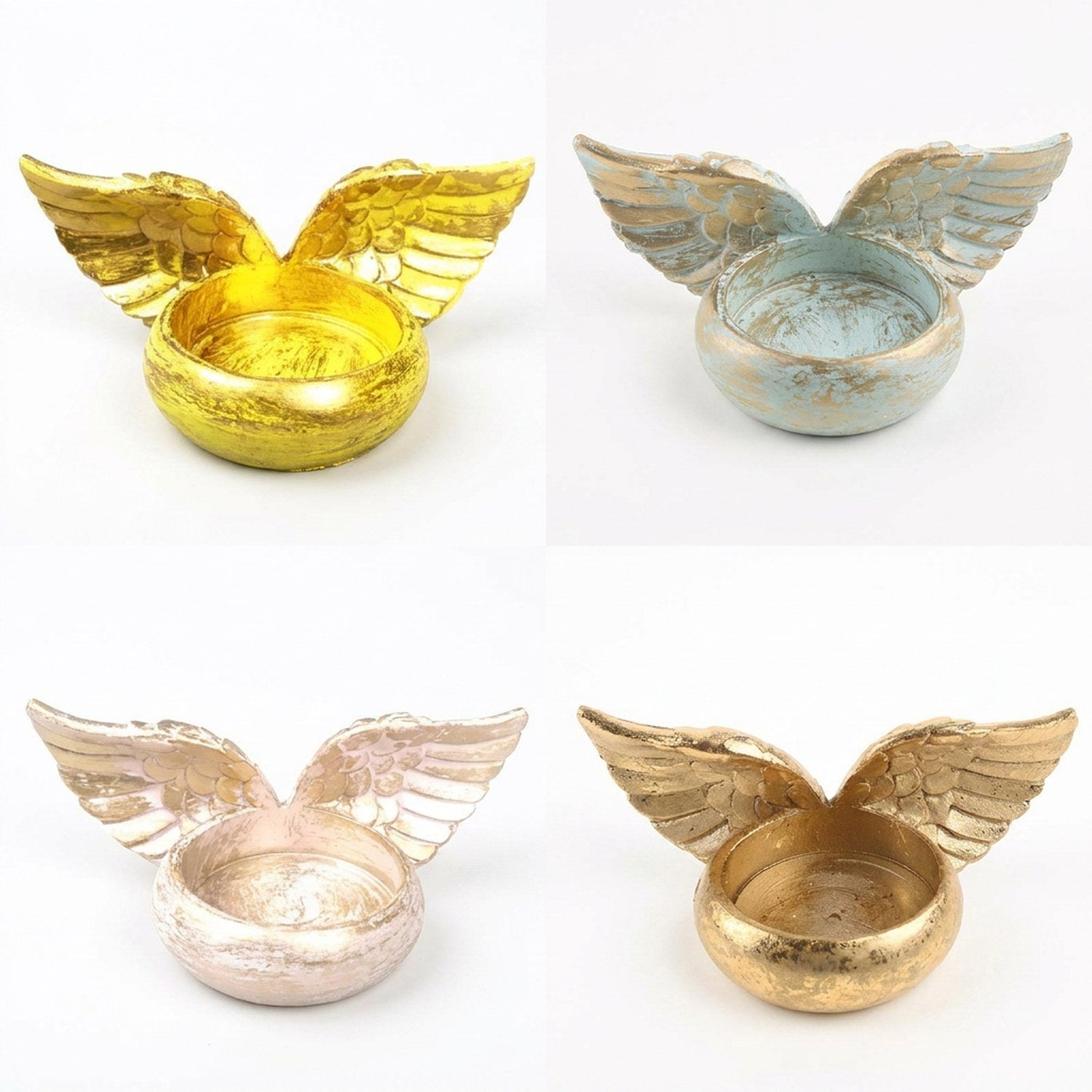 Quatre bougeoirs ailes d'ange résine sur fond blanc couleurs doré argenté rose et jaune