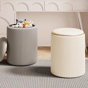 Tabouret de rangement rond en gris et en beige côte à côte