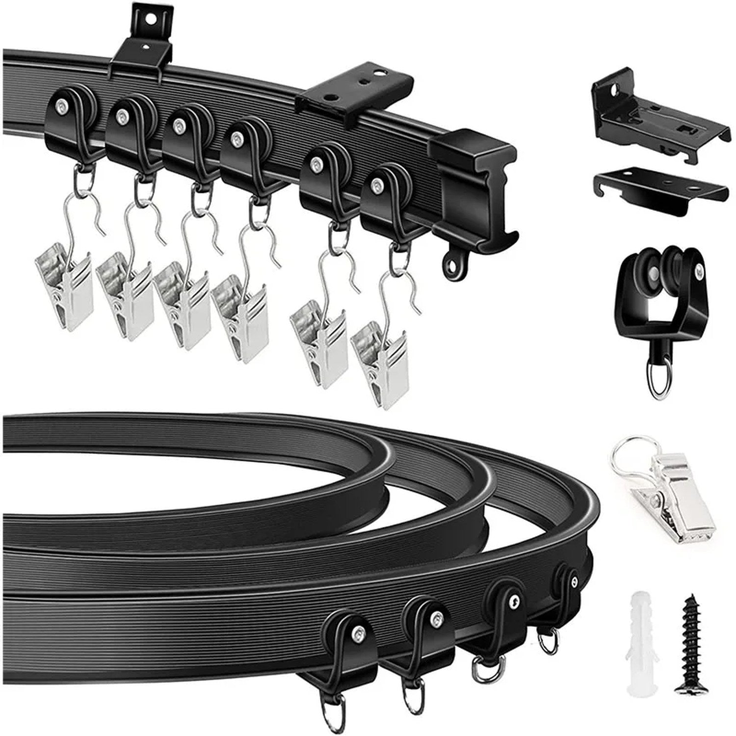 Photo réelle du kit complet rail de rideau flexible avec glissières crochets pinces et fixations