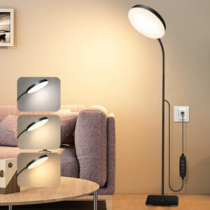 Lampadaire liseuse LED col de cygne noir dans un salon avec lumière chaude dorée