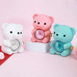 Boîtes à bijoux ourson blanc rose et turquoise alignées
