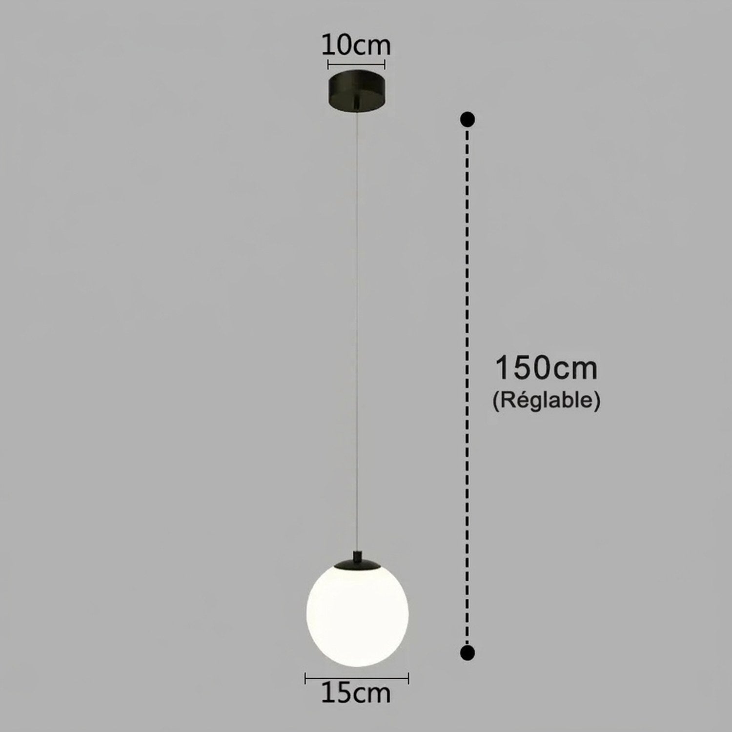Schéma des dimensions de la suspension boule en verre opalin en centimètres