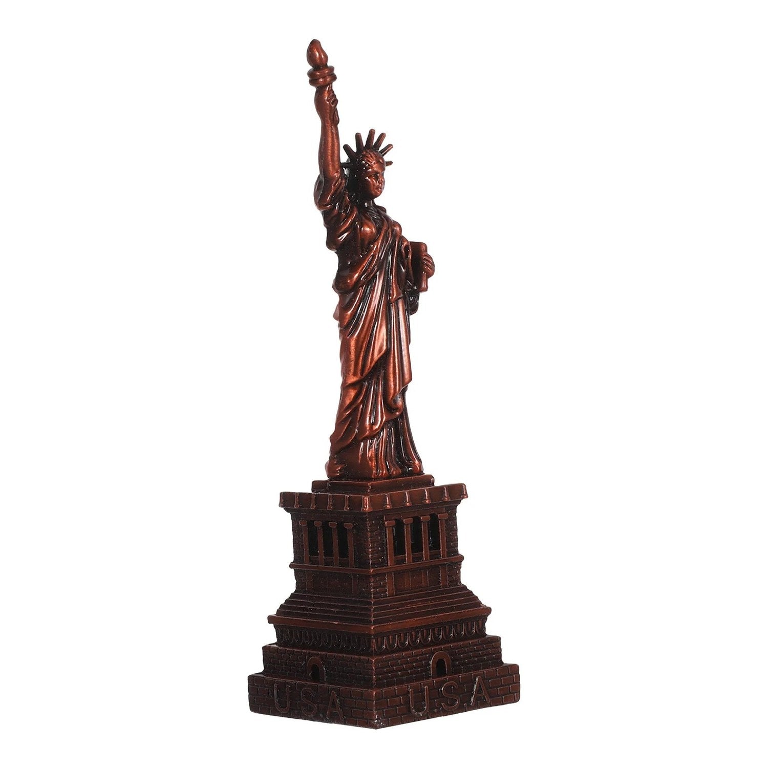 Statuette de la Liberté en métal bronze sur fond blanc vue complète avec base USA