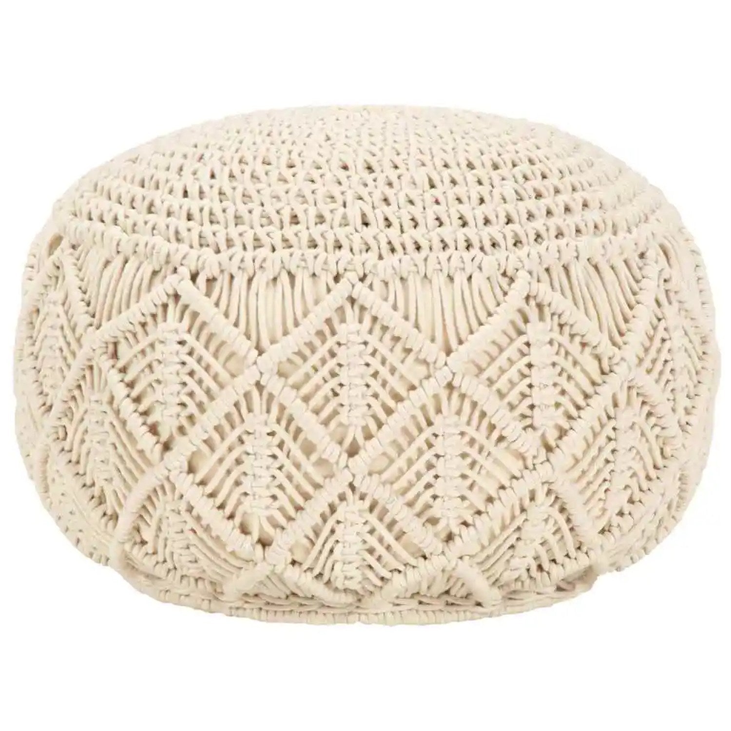 Pouf en macramé rond crème vu de face sur fond clair