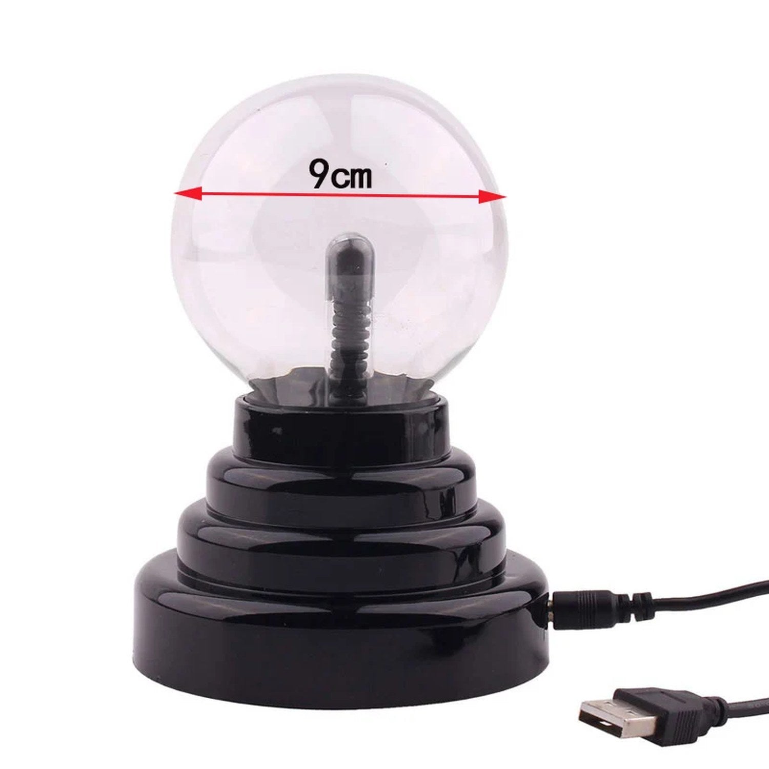 Boule de plasma en verre de 9 cm de diamètre sur socle noir avec câble USB