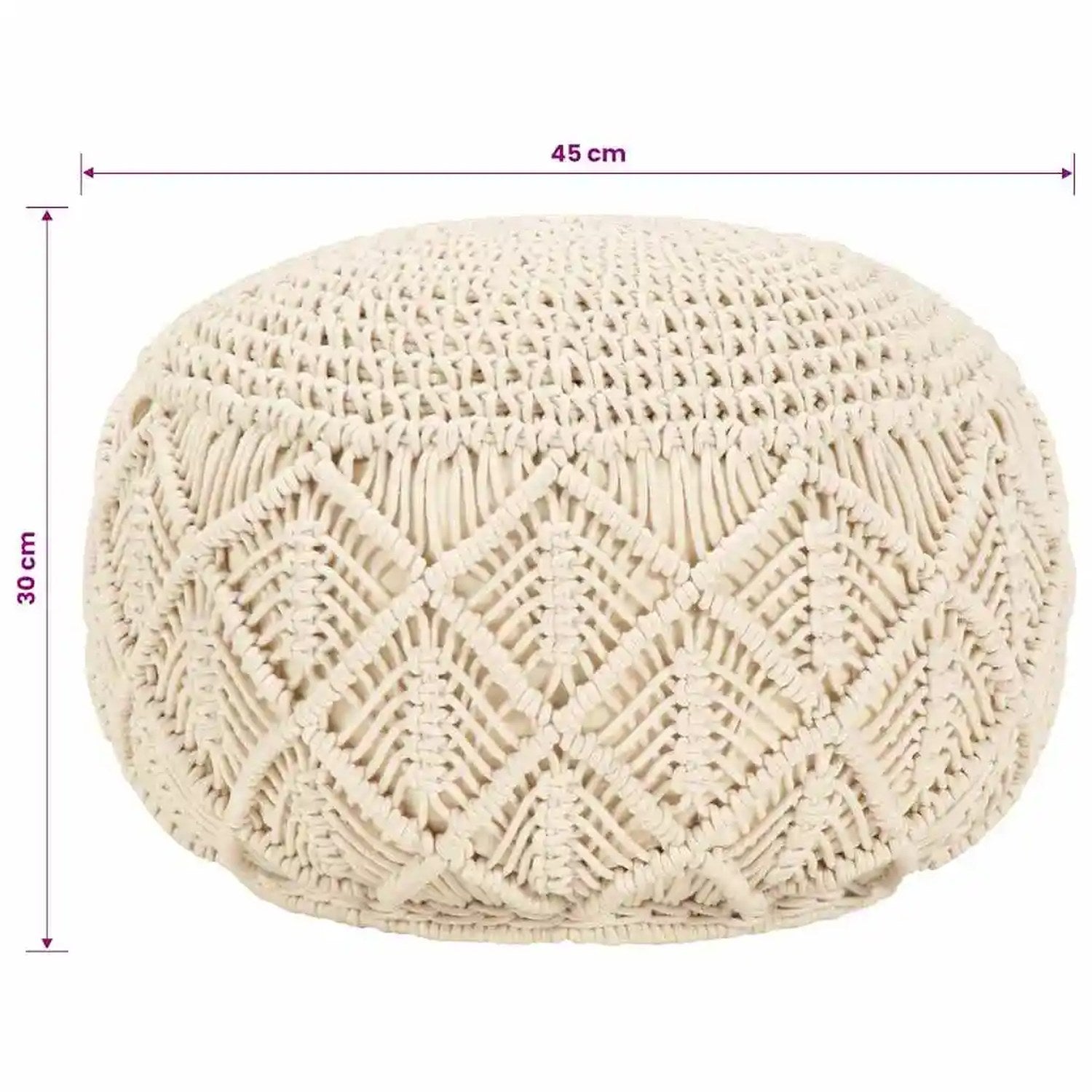 Dimensions du pouf en macramé 45 cm de diamètre et 30 cm de hauteur