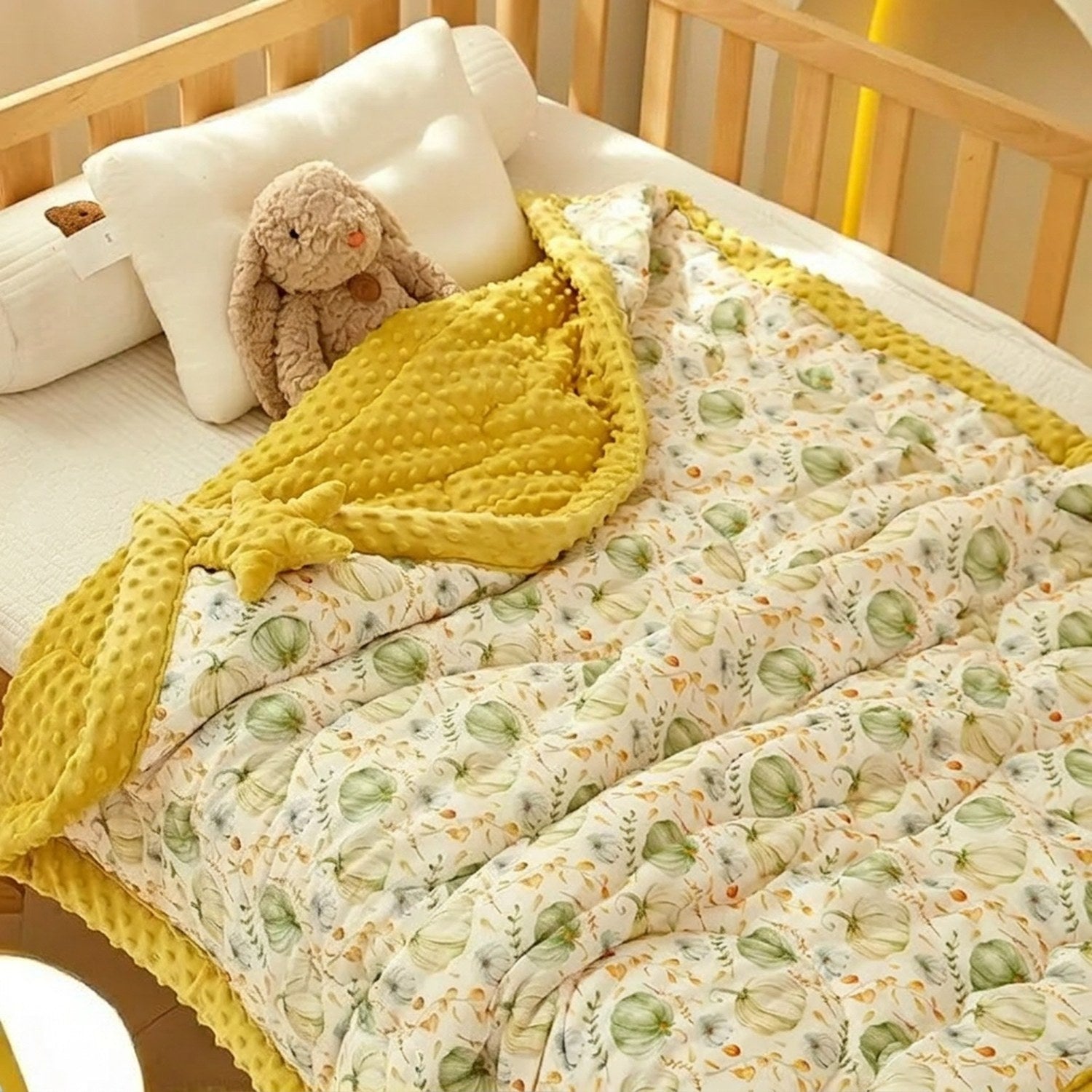 Détail de la couette bébé motif citrouilles pliée dans un berceau