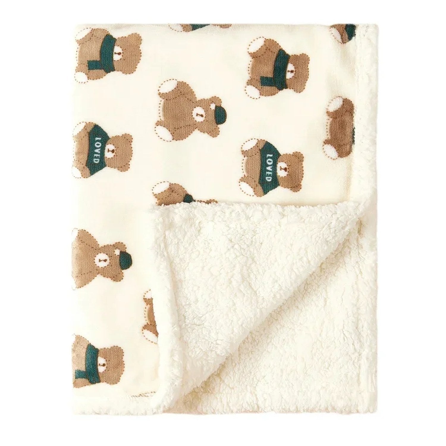 Couverture bébé motif ours au col vert pliée avec doublure peluche