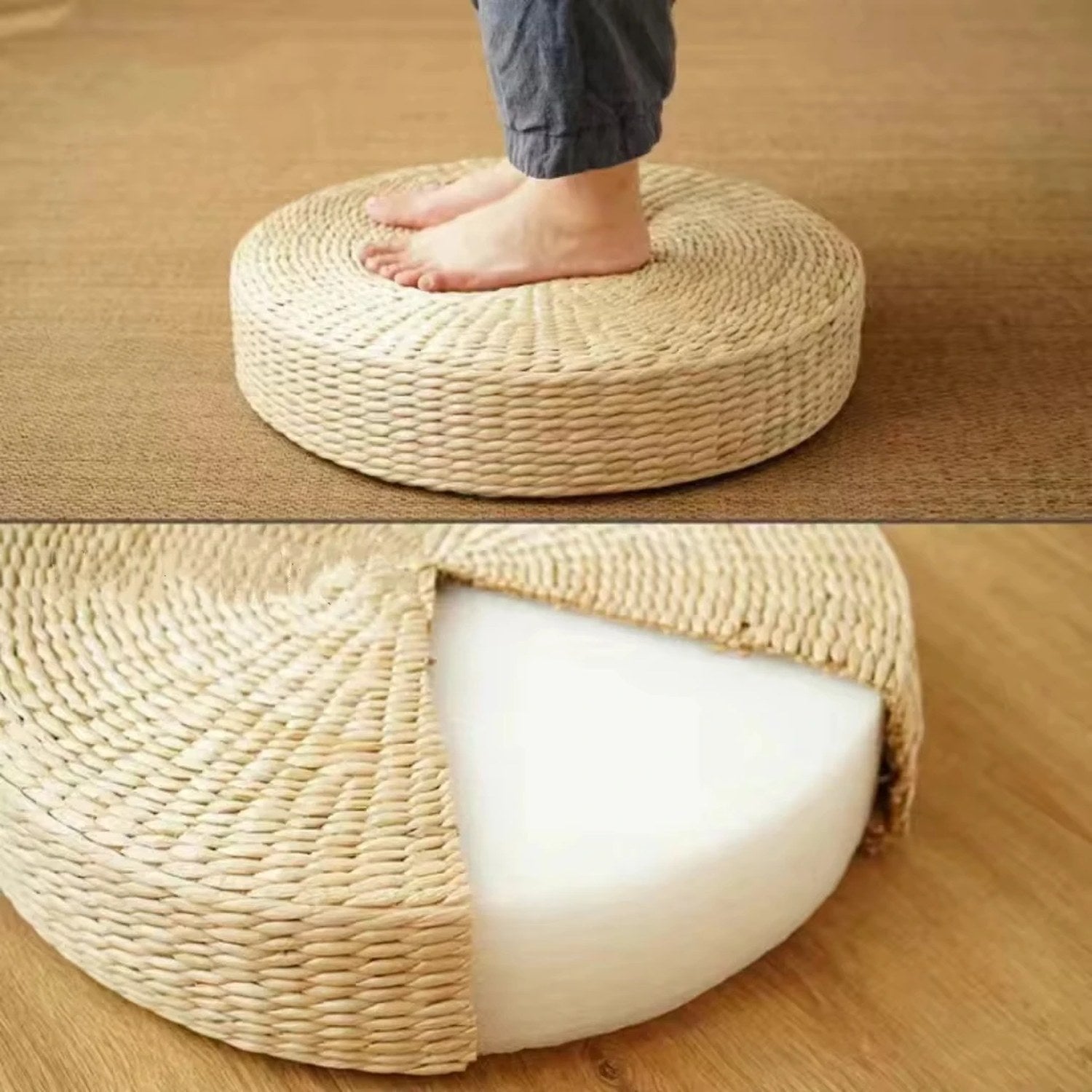 Coupe du pouf montrant le garnissage en mousse à mémoire de forme