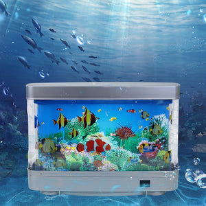 Lampe aquarium virtuel allumée montrant les poissons tropicaux et coraux colorés