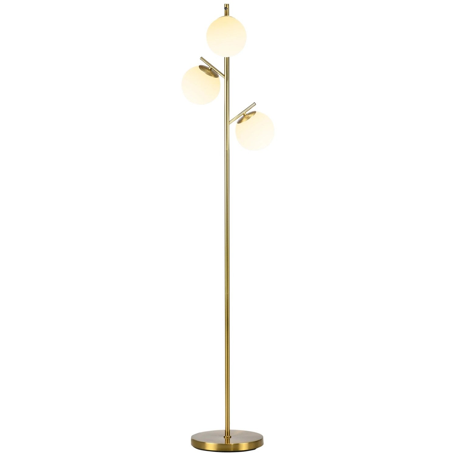 Lampadaire doré 3 globes en verre dépoli vu en entier sur fond clair