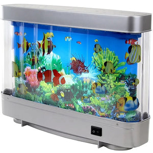 Lampe aquarium virtuel vue de trois quarts avec son cadre gris clair et son interrupteur