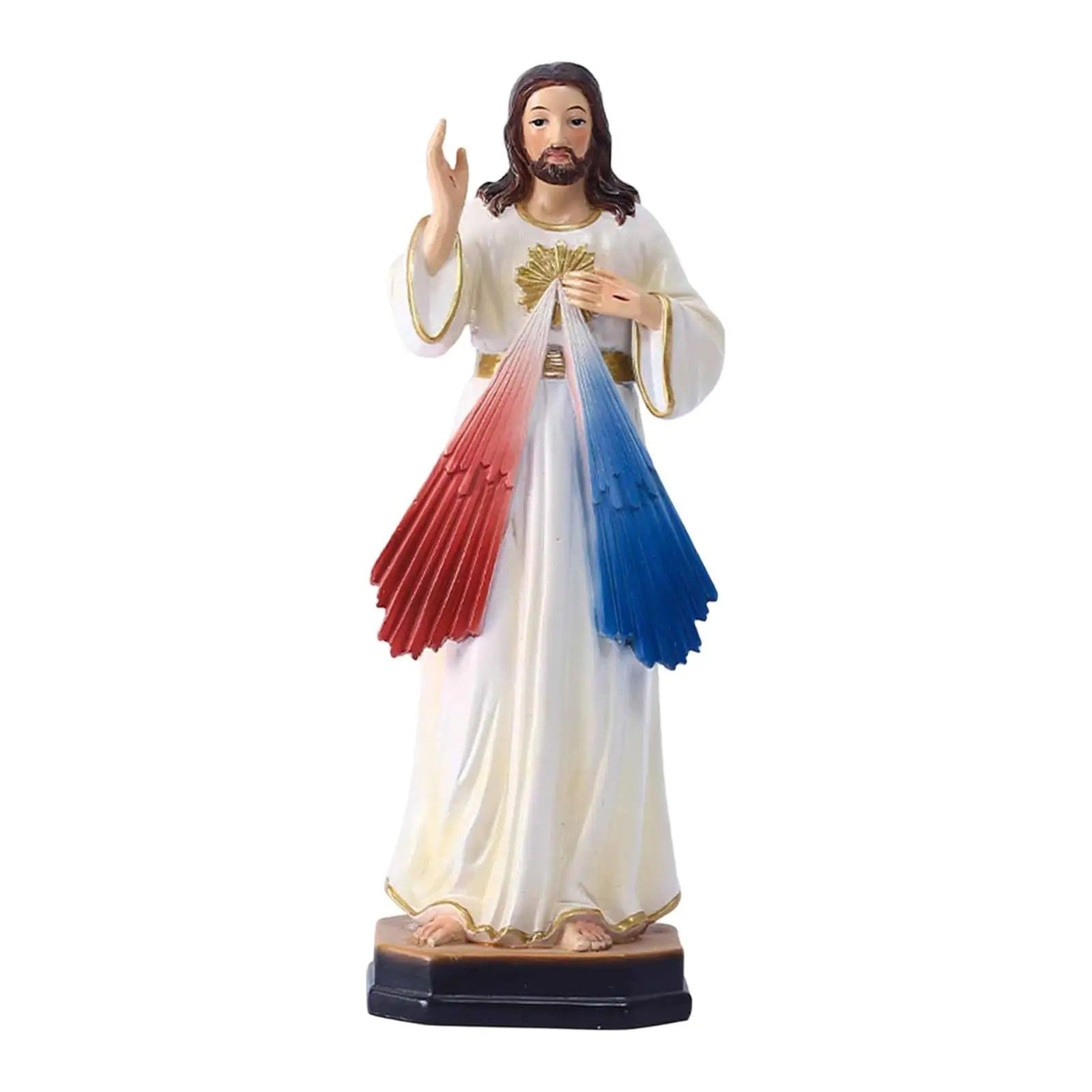 Statuette Jésus blanc robe dorée vue légèrement différente fond blanc