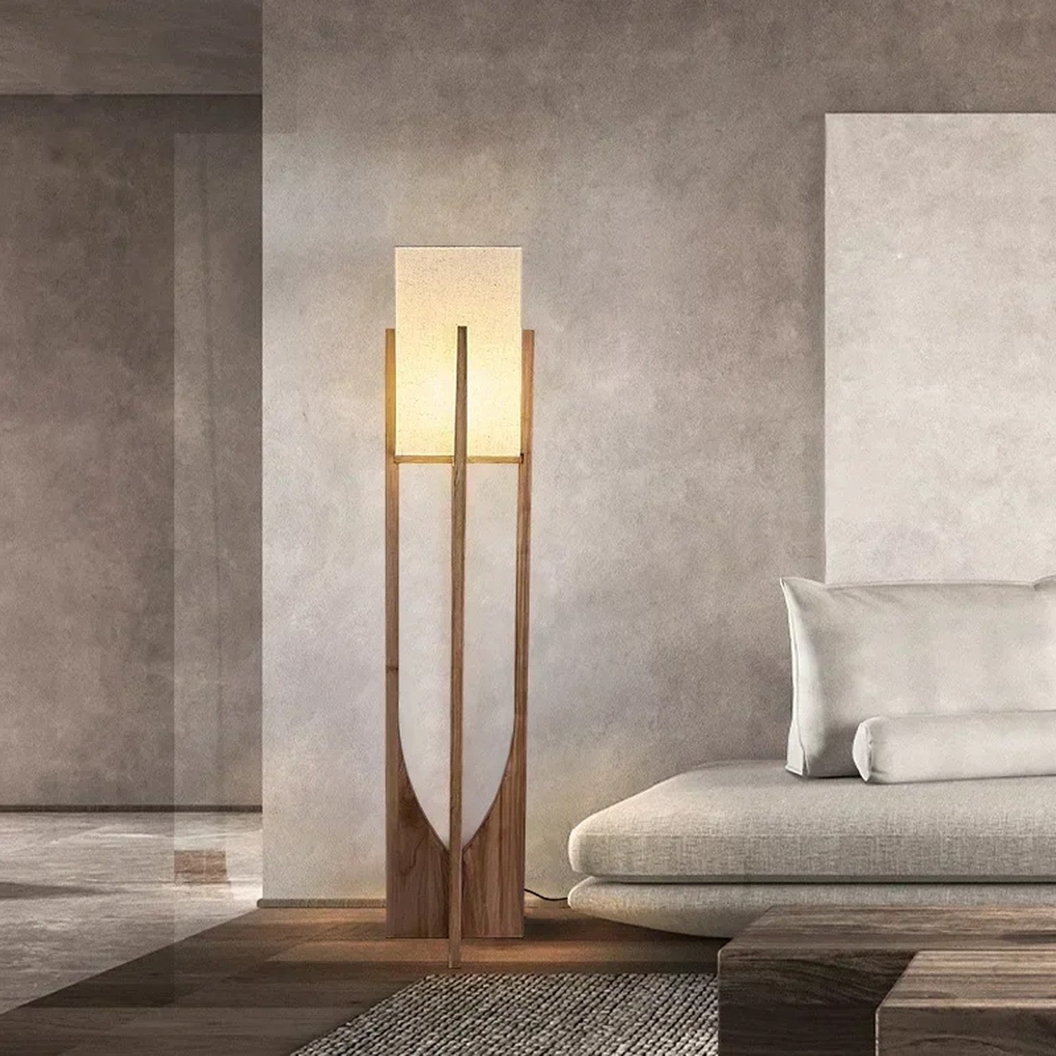 Lampadaire japonais en bois allumé dans un intérieur moderne