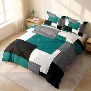 Parure de lit géométrique à blocs turquoise et gris dans une chambre moderne lumineuse