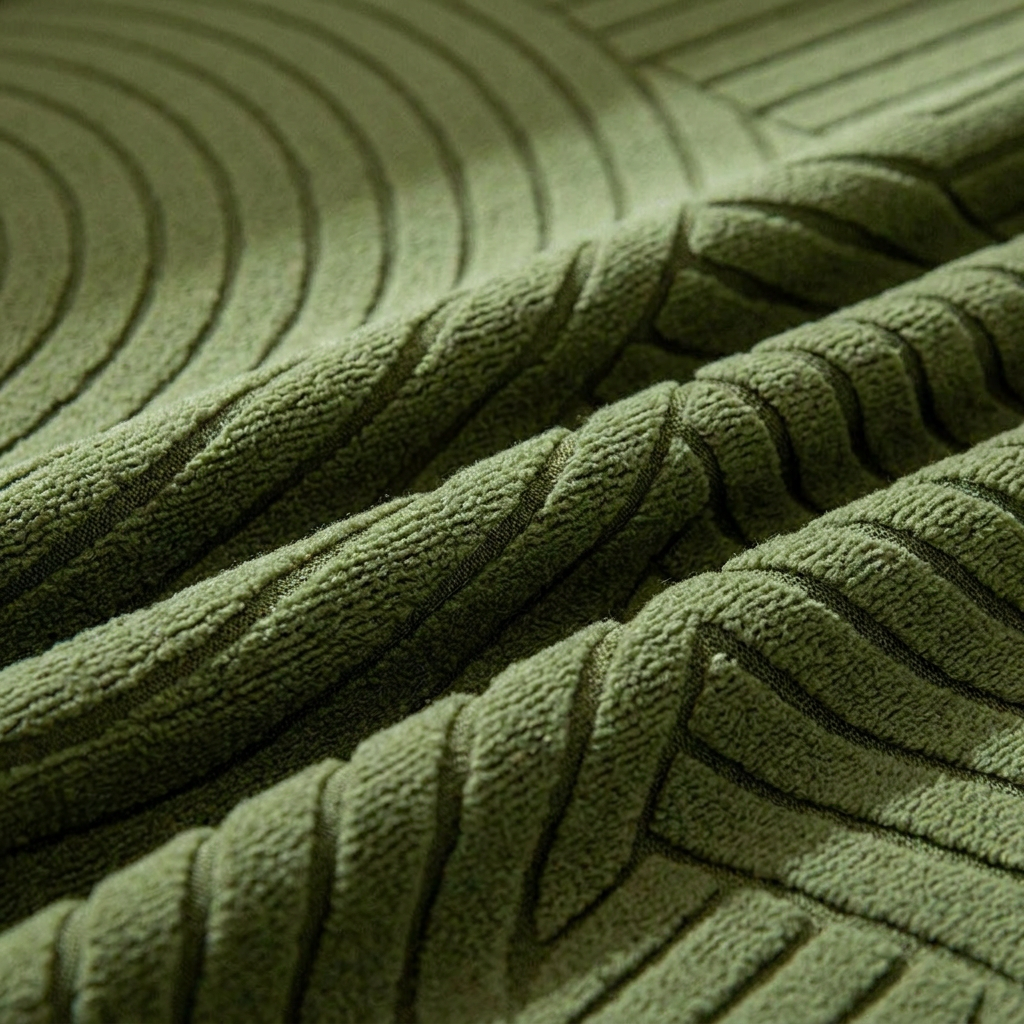 Détail tissu vert foncé motif géométrique