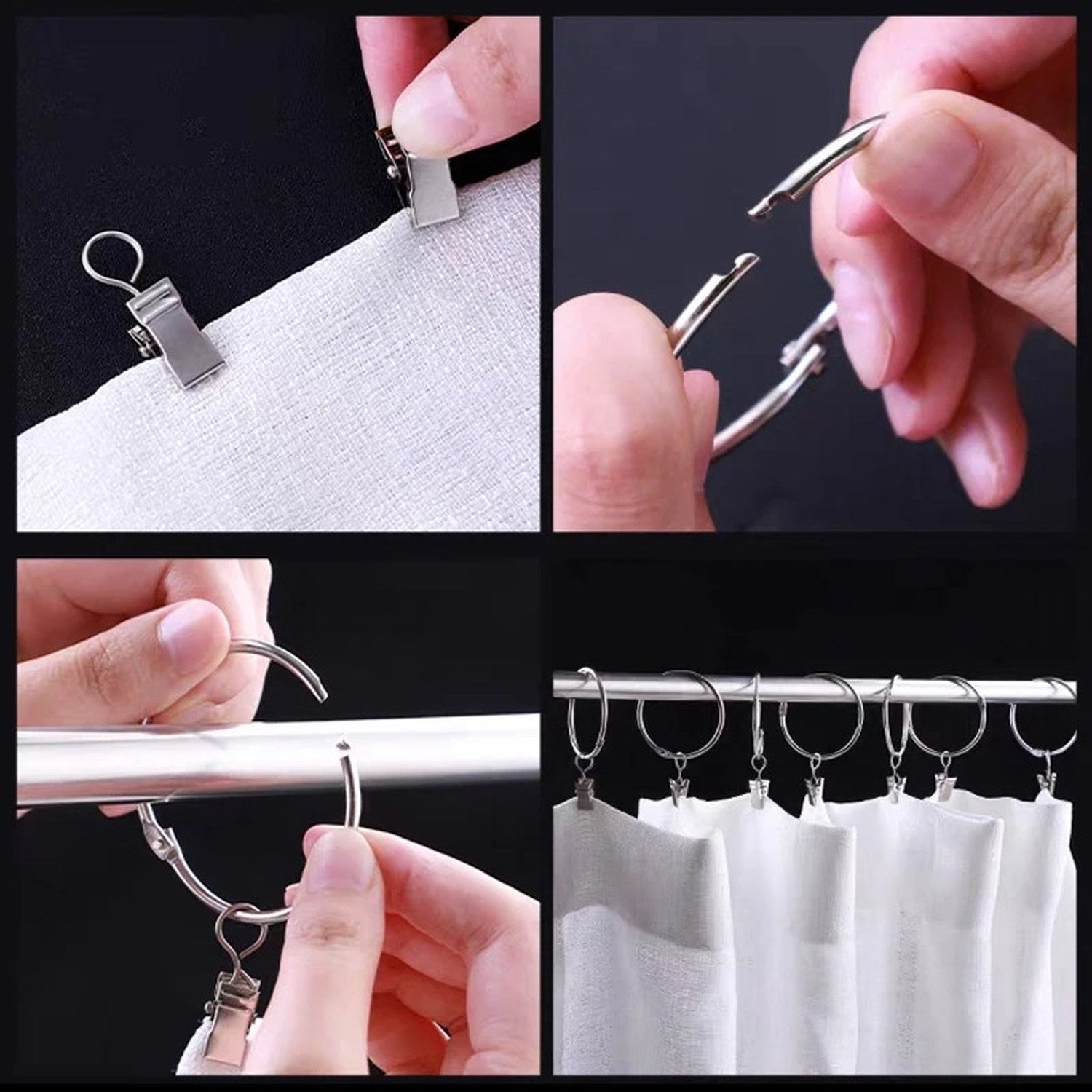 Étapes d'installation d'un anneau à rideau à clip sur une tringle et un tissu