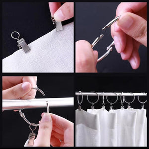 Étapes d'installation d'un anneau à rideau à clip sur une tringle et un tissu