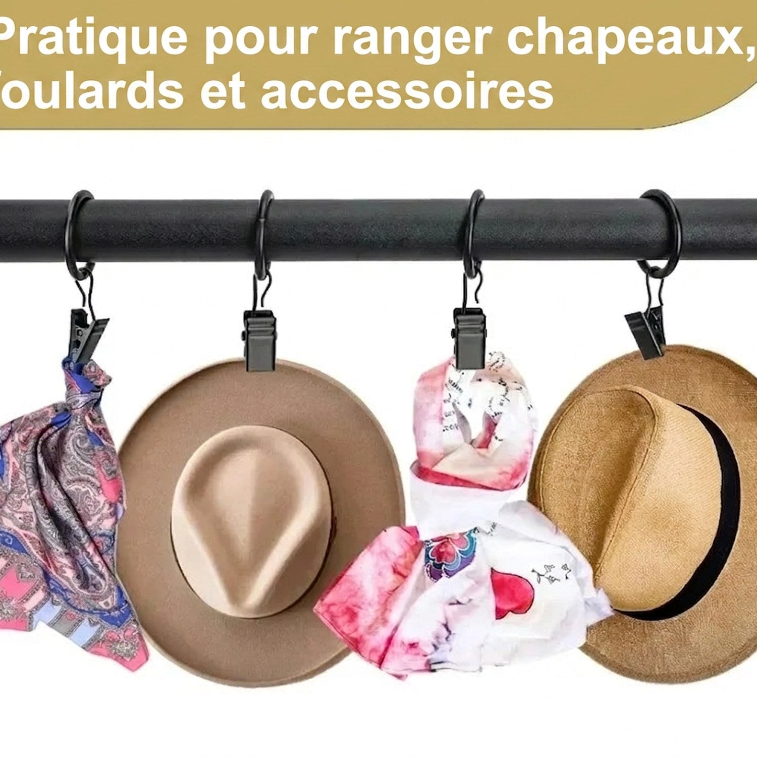 Anneaux à rideau à clips noirs utilisés pour ranger chapeaux et foulards