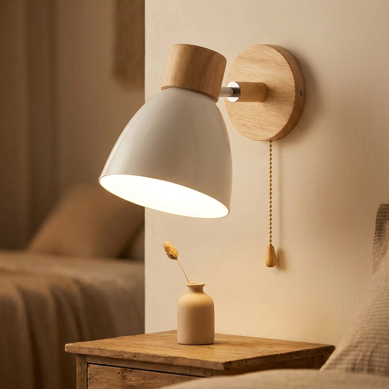 Applique murale nordique blanche en bois et métal orientable allumée au chevet