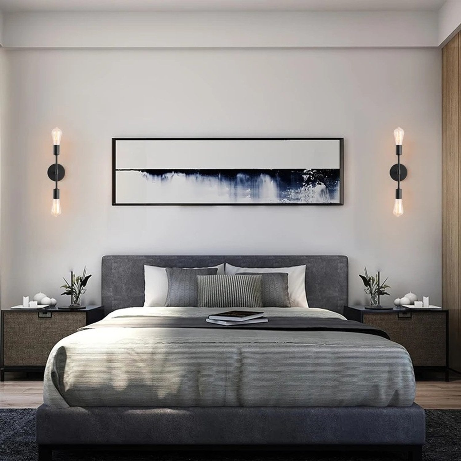 Appliques murales noires de chaque côté d'un lit dans une chambre