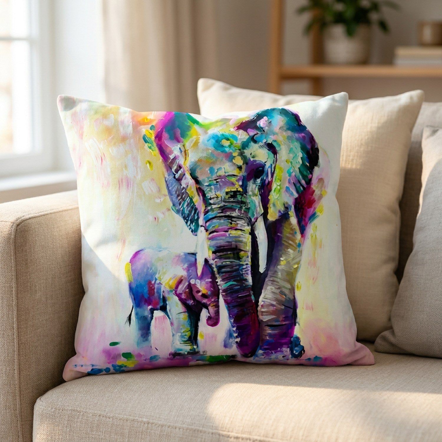 Housse de coussin éléphant aquarelle mère et éléphanteau