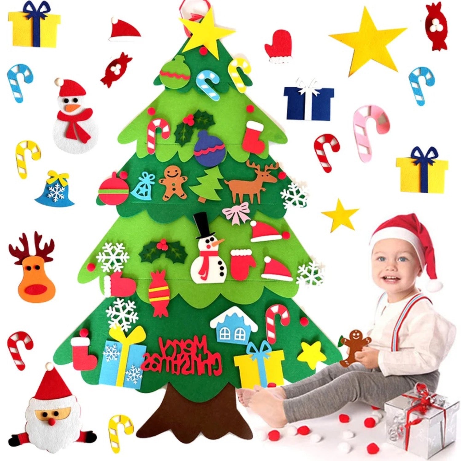Arbre de Noël en feutre avec 32 ornements détachables et enfant assis