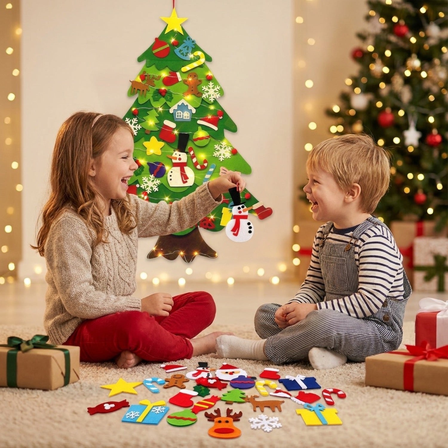 Deux enfants assis sur un tapis triant les 32 ornements en feutre colorés devant l arbre de Noël DIY