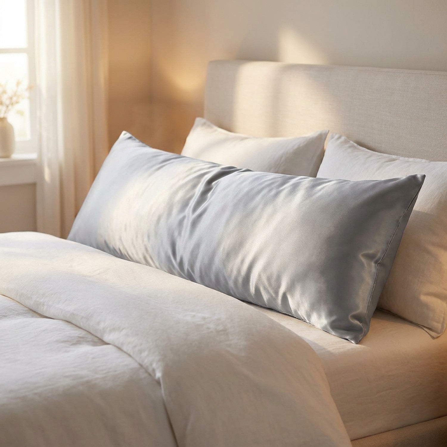 Taie d'oreiller traversin en satin argenté sur un lit