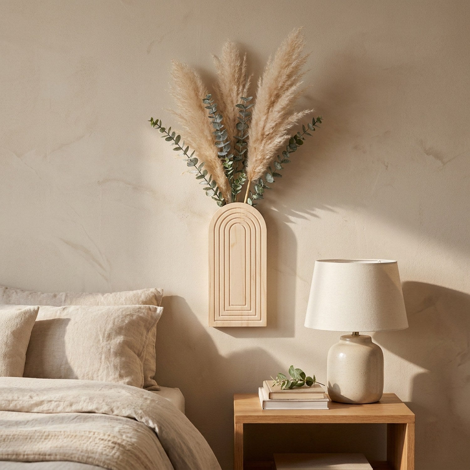 Vase mural en bois clair arqué avec pampa au dessus d une table de chevet