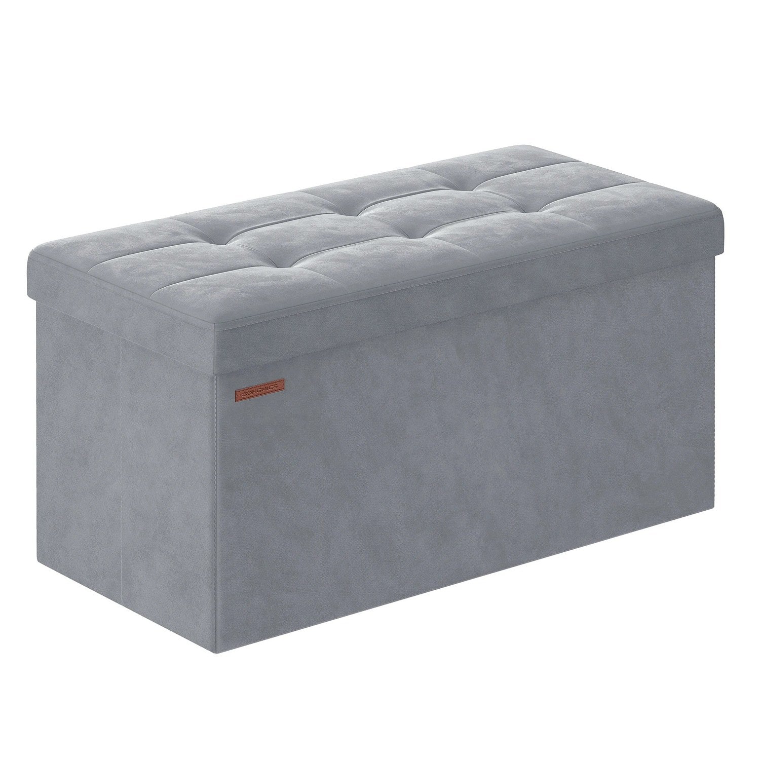 Banc coffre de rangement pliable en velours gris clair vue studio