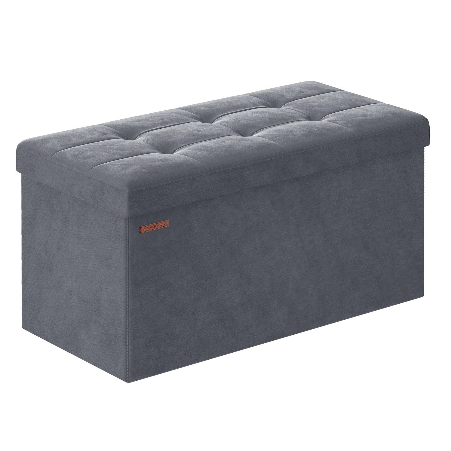 Banc coffre de rangement pliable en velours gris foncé vue studio