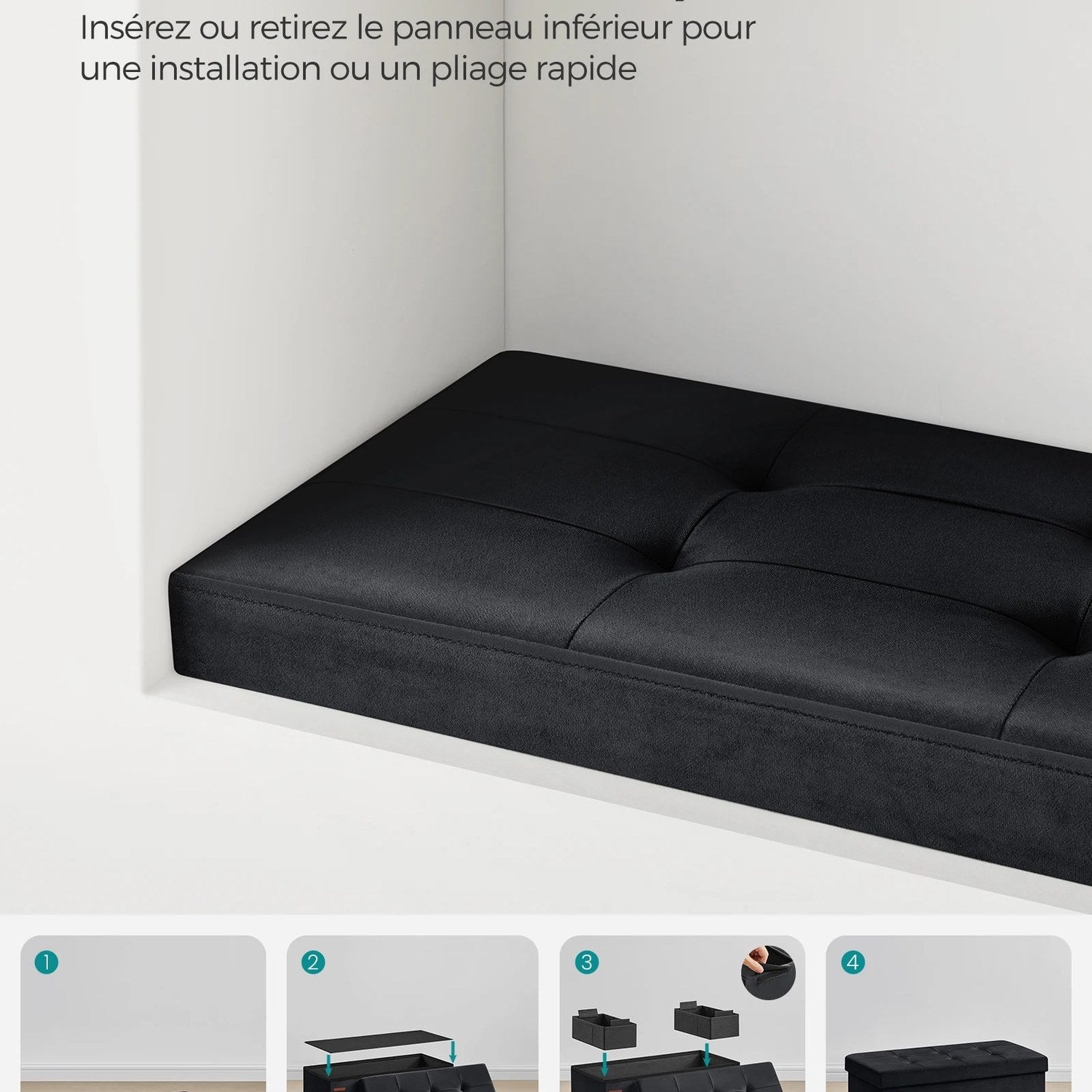 Schéma de montage du banc coffre pliable en 4 étapes faciles