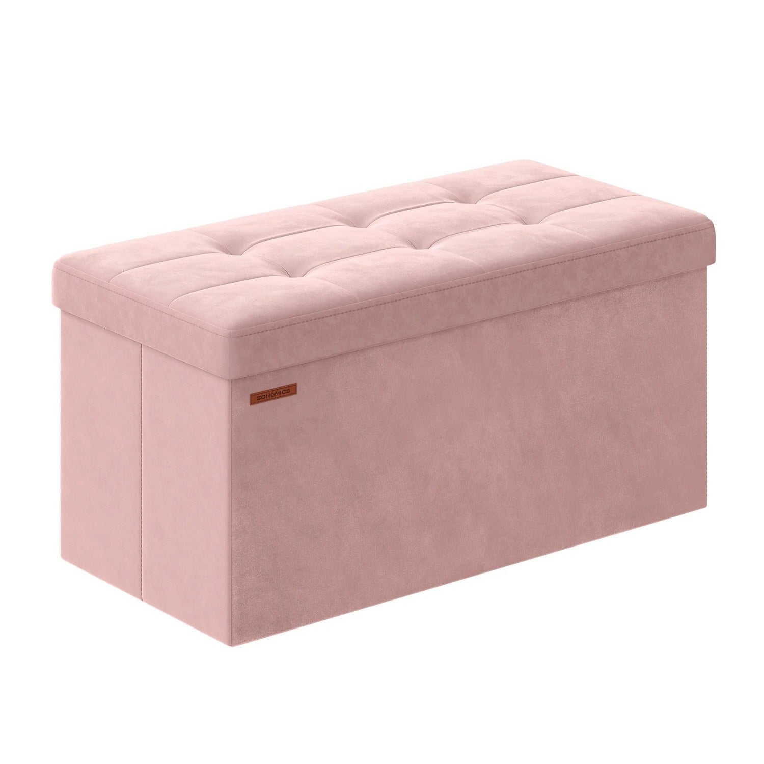 Banc coffre de rangement pliable en velours rose vue studio