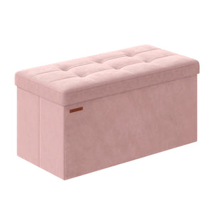 Banc coffre de rangement pliable en velours rose vue studio