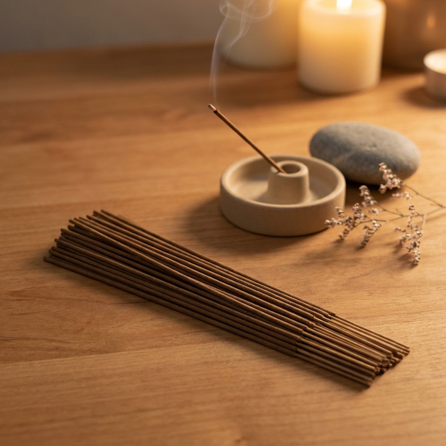 Bâtonnets d'encens naturels posés sur surface en bois avec porte-encens allumé et fumée