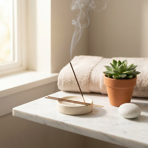 Bâtonnets d'encens naturels sur étagère en marbre avec plante succulente près d'une fenêtre