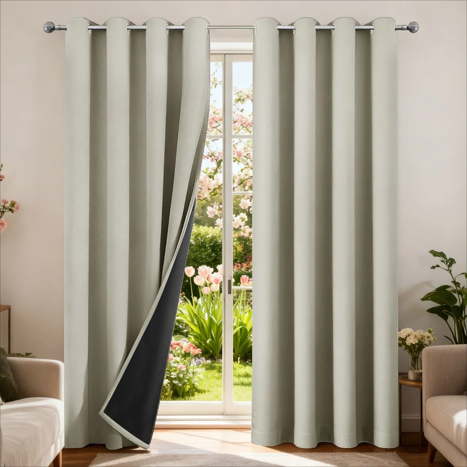 Rideau occultant beige installé devant une porte-fenêtre avec jardin fleuri