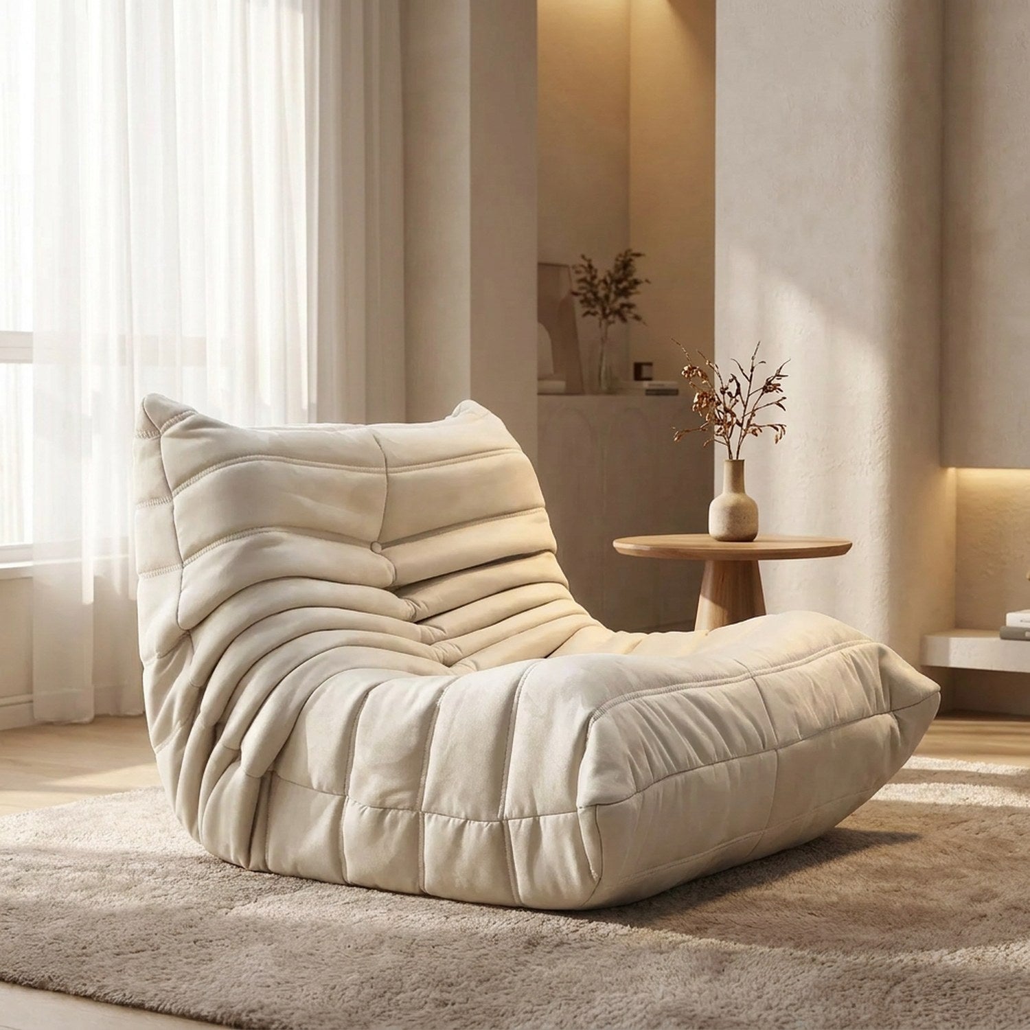 Pouf géant canapé de sol beige en velours posé au sol dans un salon lumineux