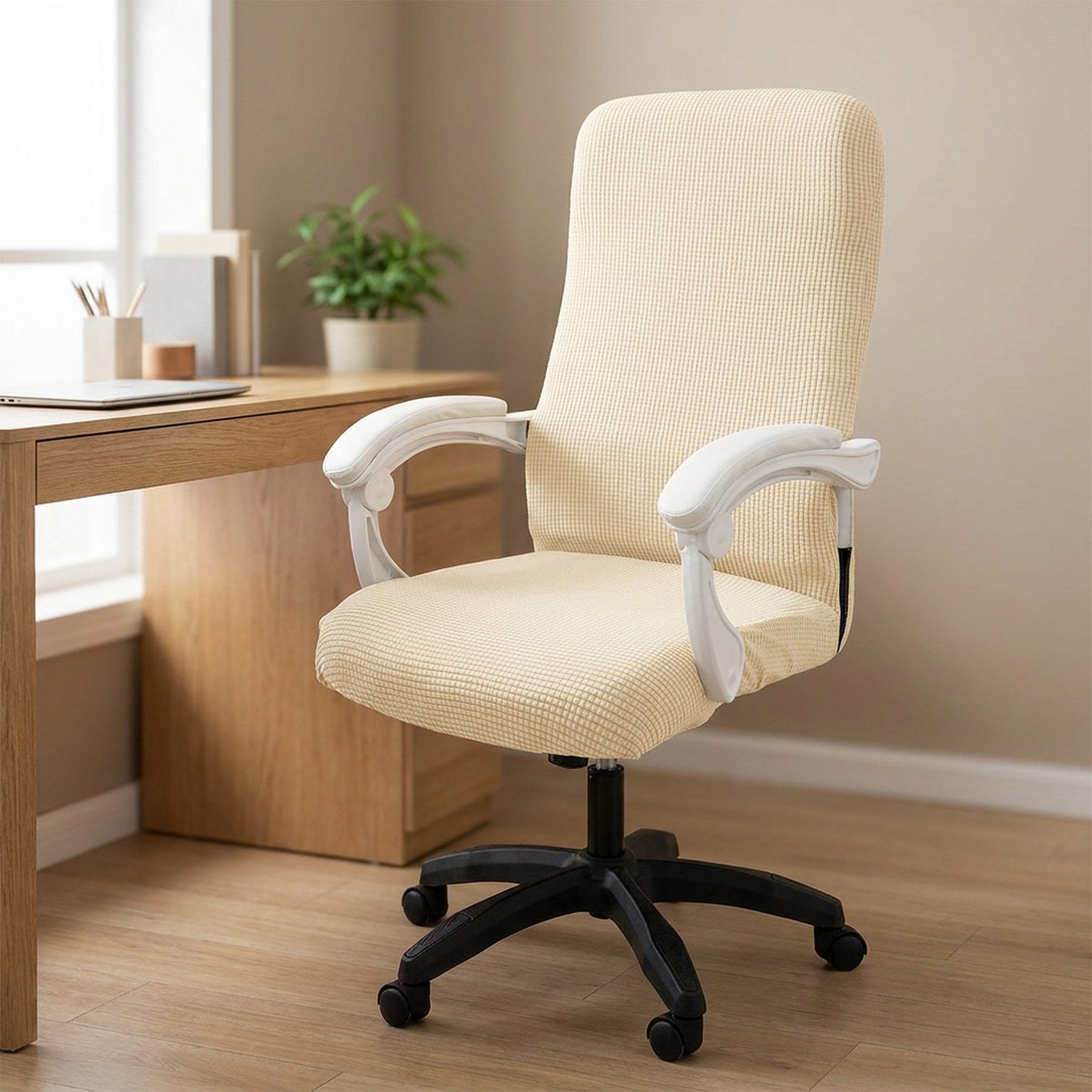 Housse de chaise de bureau beige en maille gaufrée extensible