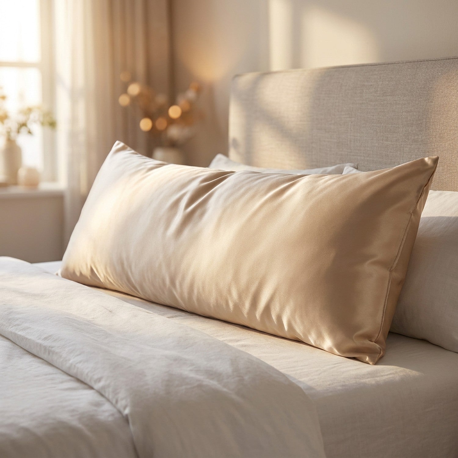 Taie d'oreiller traversin en satin beige posée sur un lit dans une chambre lumineuse
