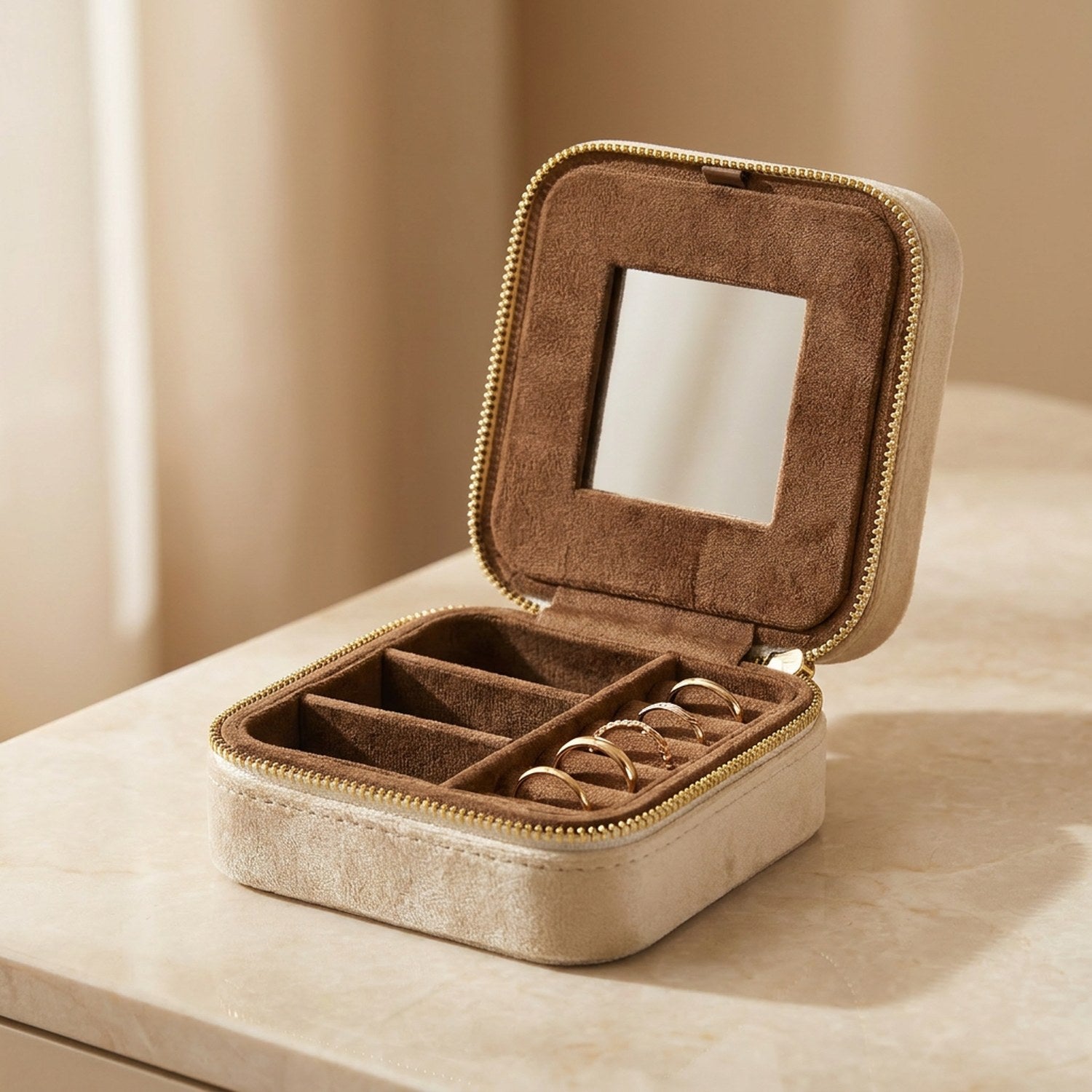 Boîte à bijoux de voyage en velours beige ouverte avec miroir intérieur
