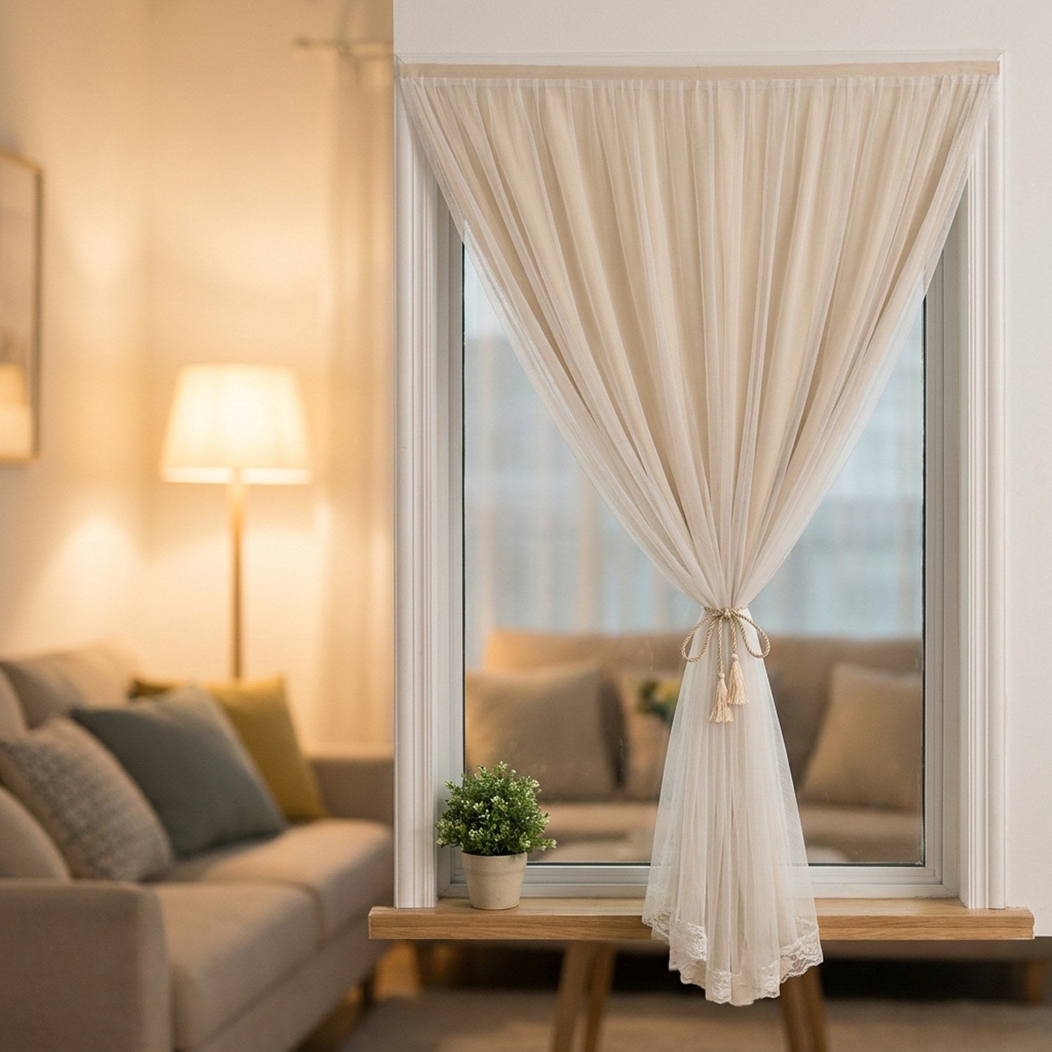Rideau occultant beige double couche avec voile blanc devant une fenêtre