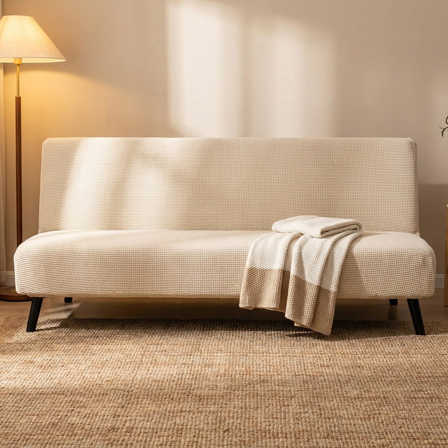 Housse de canapé lit futon beige dans un salon chaleureux avec lampadaire