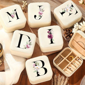Collection de boîtes à bijoux de voyage en cuir PU blanc avec initiales florales alphabet