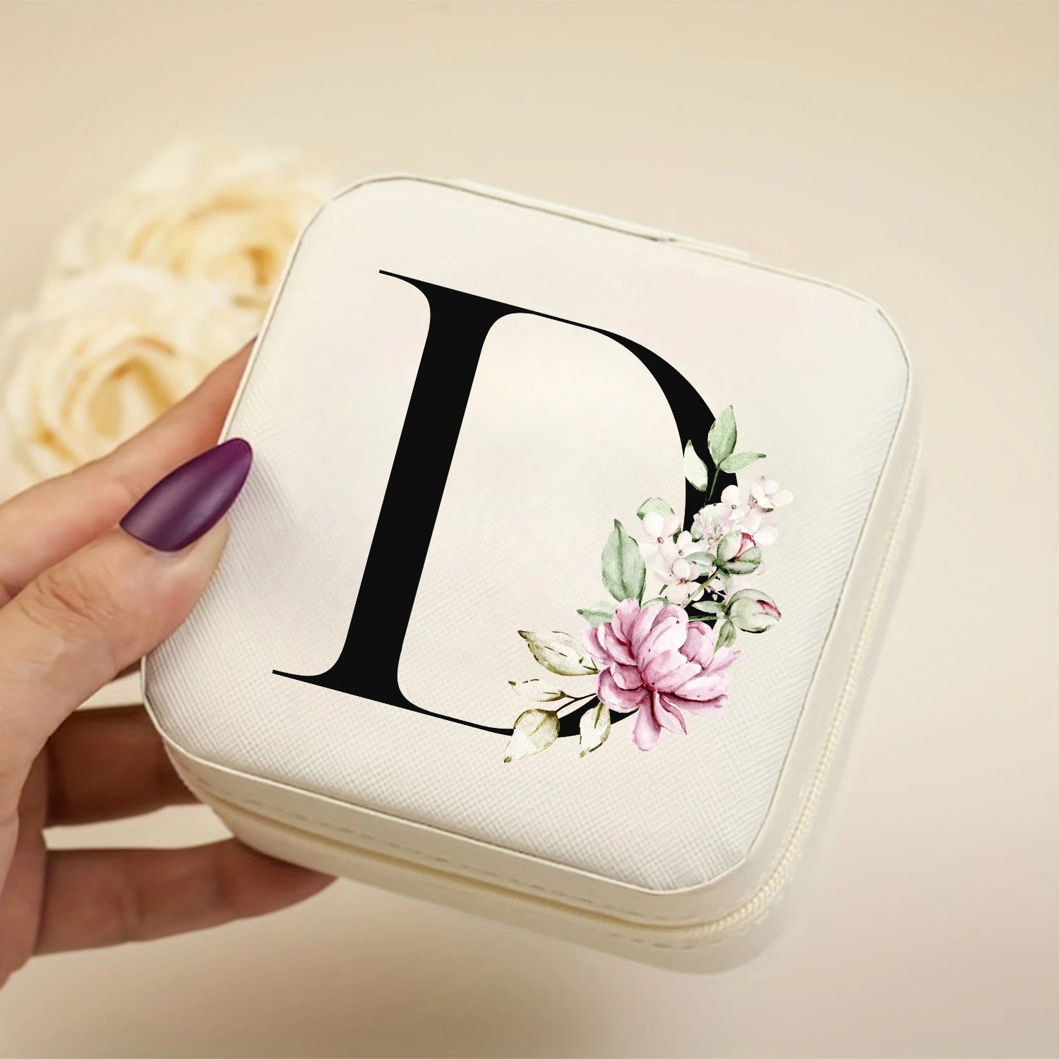 Boîte à bijoux voyage cuir PU blanc initiale D florale