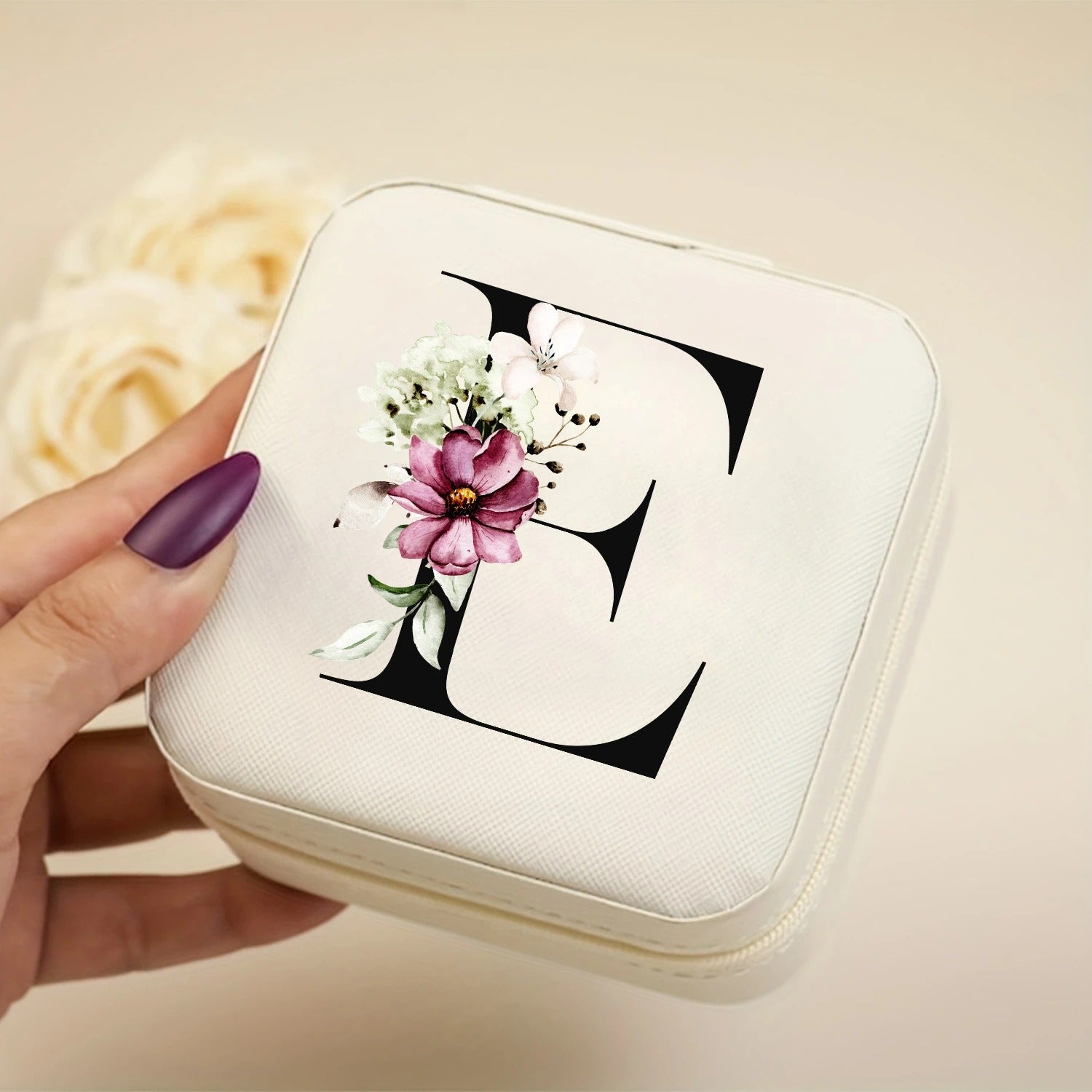 Boîte à bijoux voyage cuir PU blanc initiale E florale