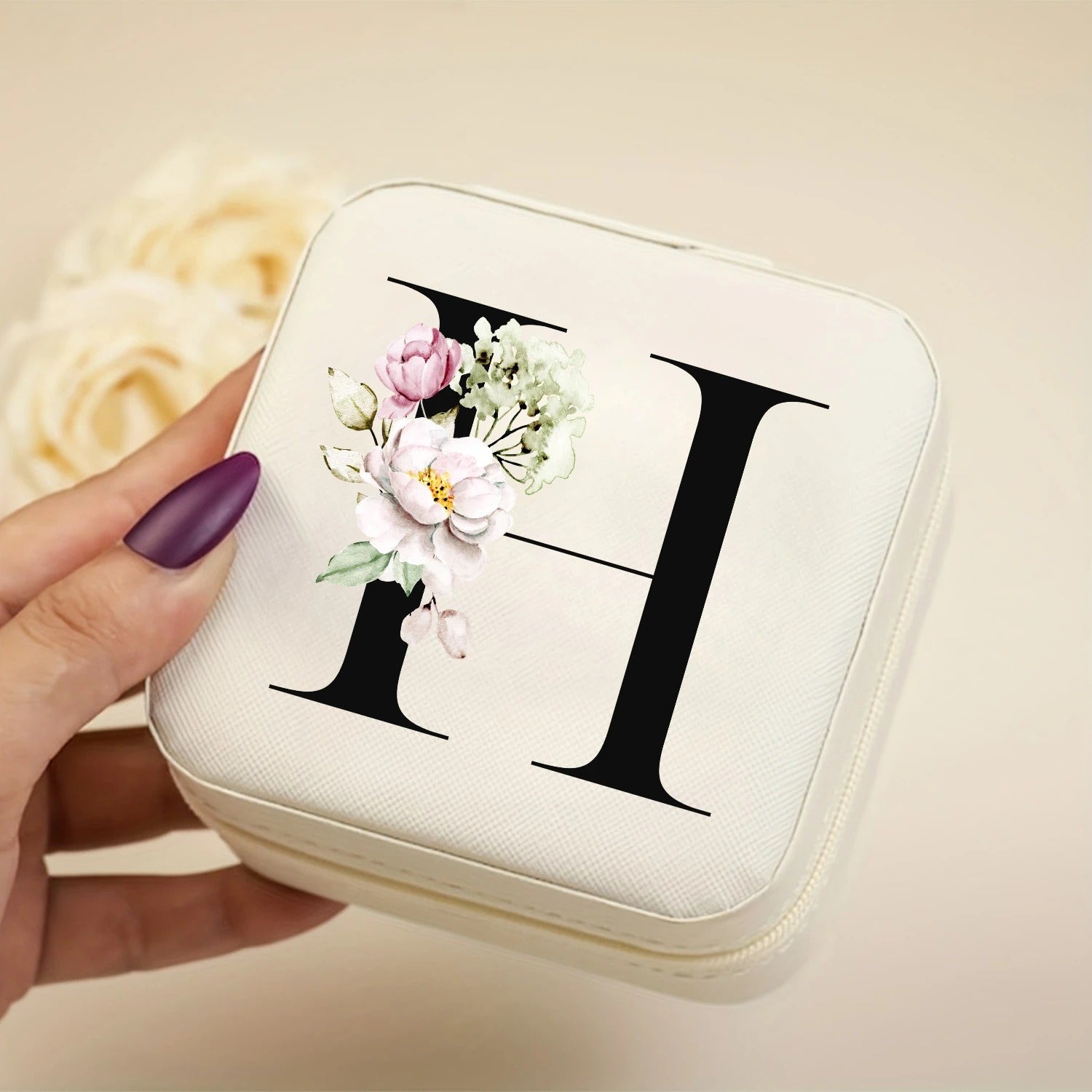 Boîte à bijoux voyage cuir PU blanc initiale H florale